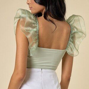 blue blush Women's Organza Ruffle Sleeve Tank Crop Top Mint Sage Green NWT M